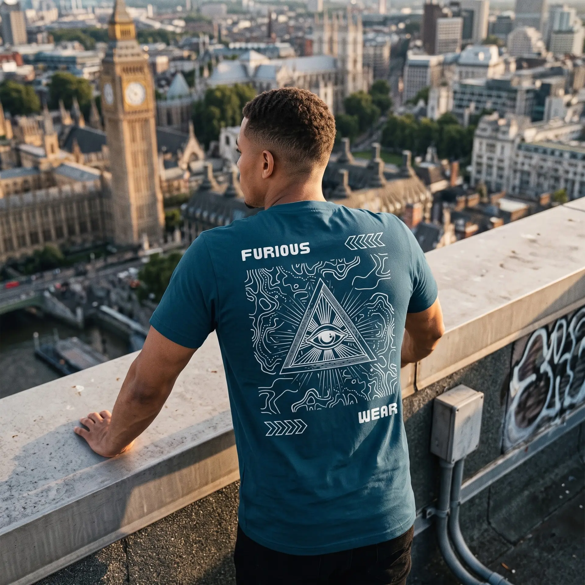 Model above Westminster wearing the teal Furious Wear all-seeing eye back-print tee