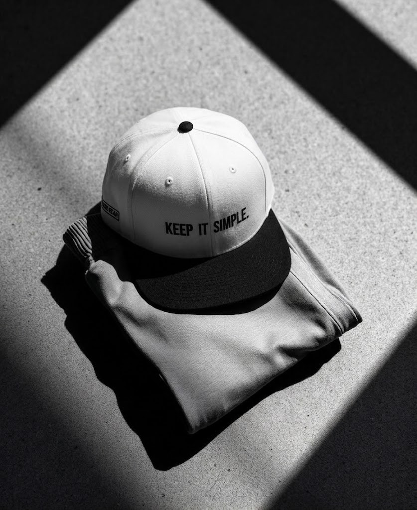 Keep It Simple cap resting on folded apparel in hard sunlight