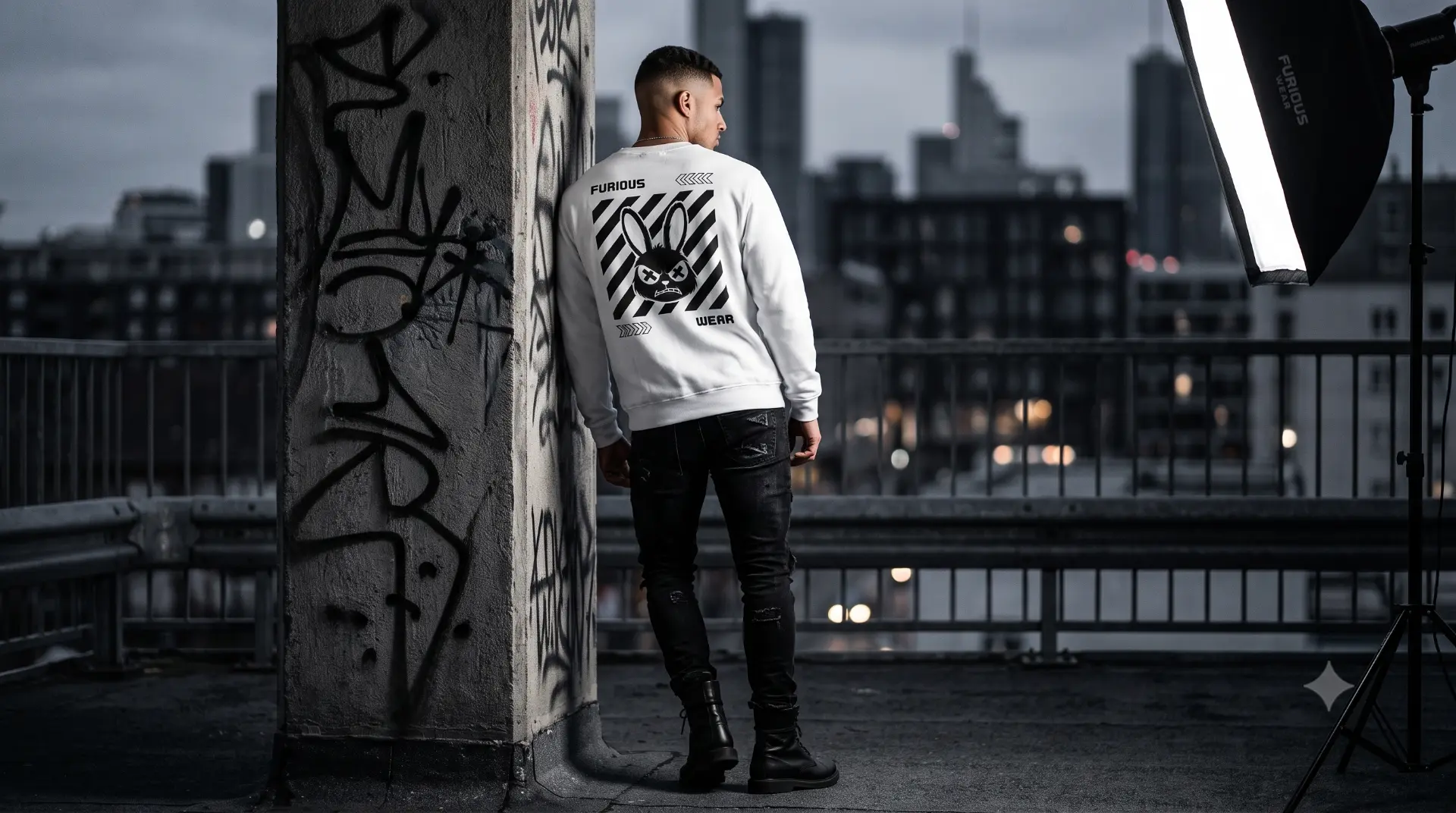 Model on a rooftop wearing the white Furious Wear rabbit back-print sweatshirt