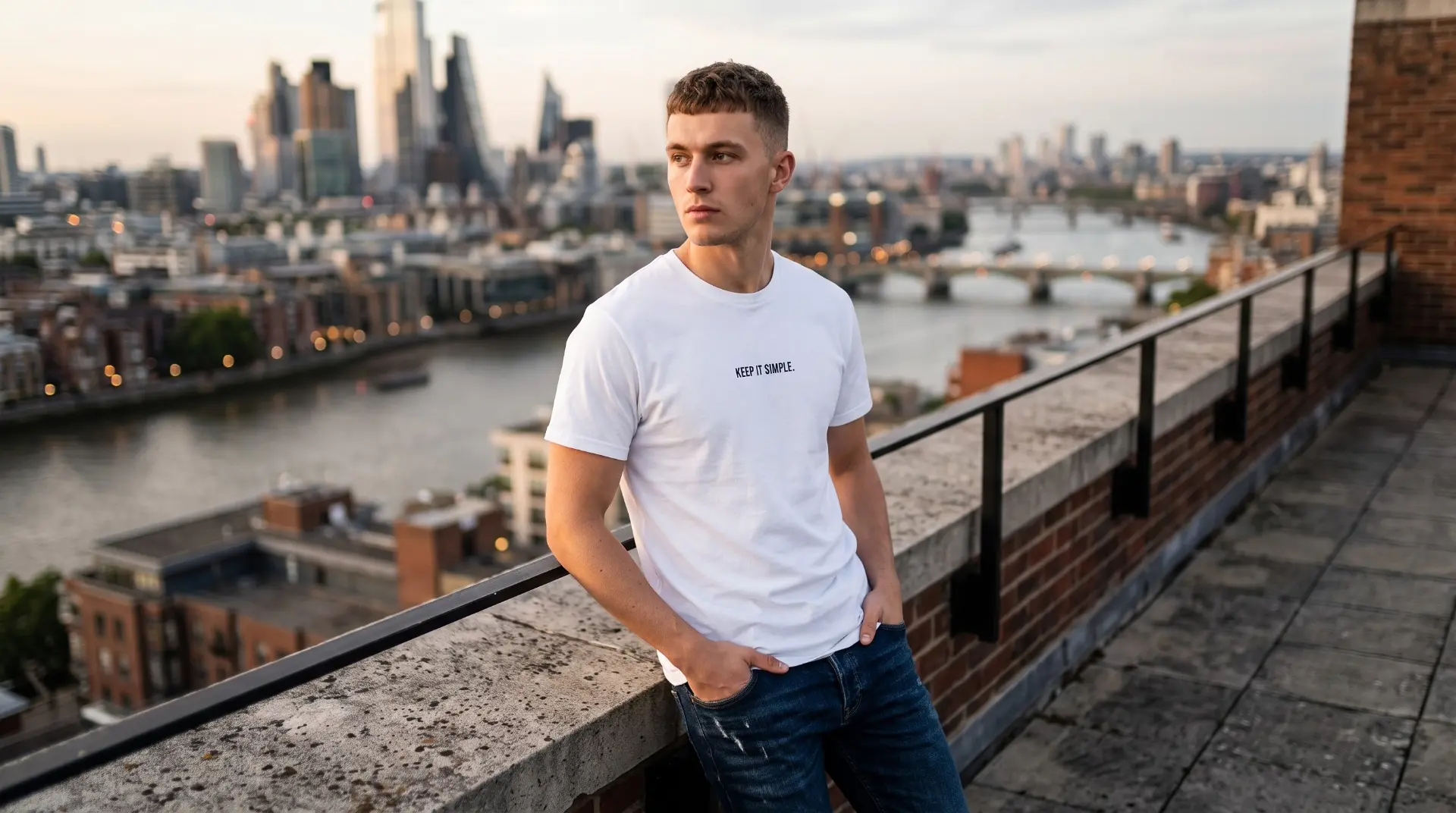 Model on a rooftop above the Thames wearing the white Keep It Simple tee