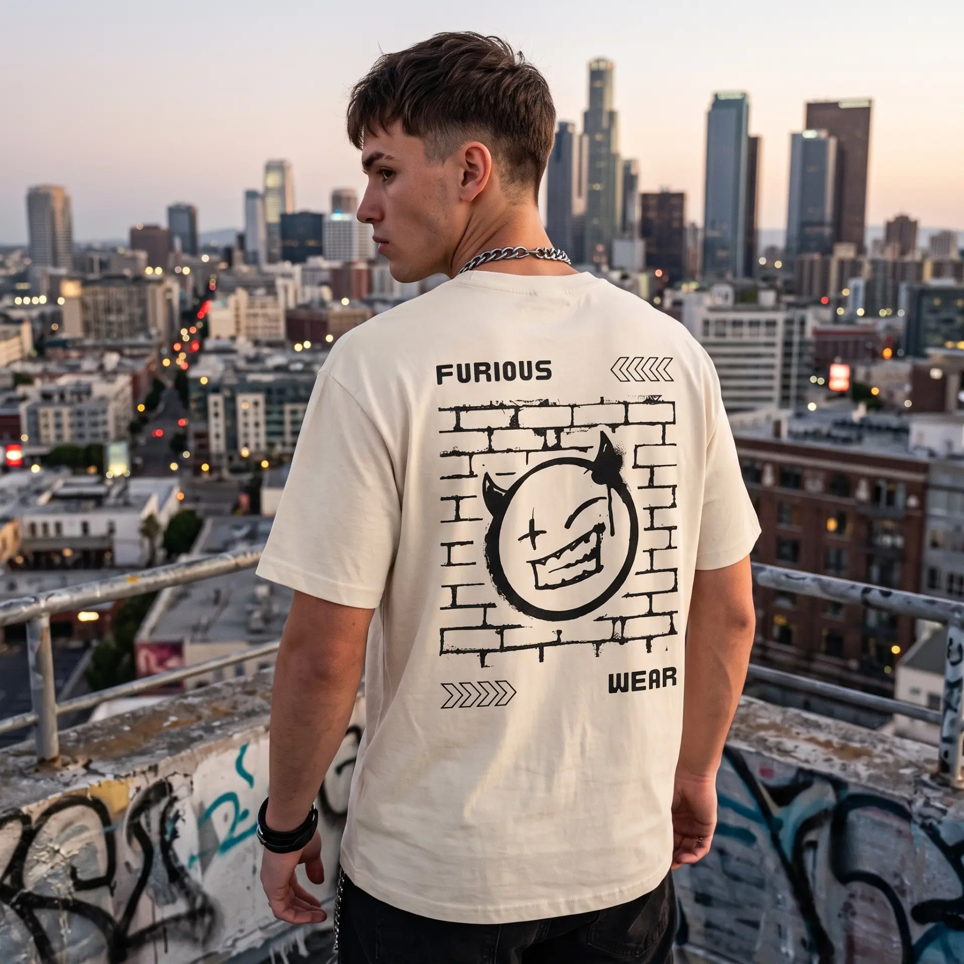 Model on a rooftop wearing the cream Furious Wear graffiti back-print tee