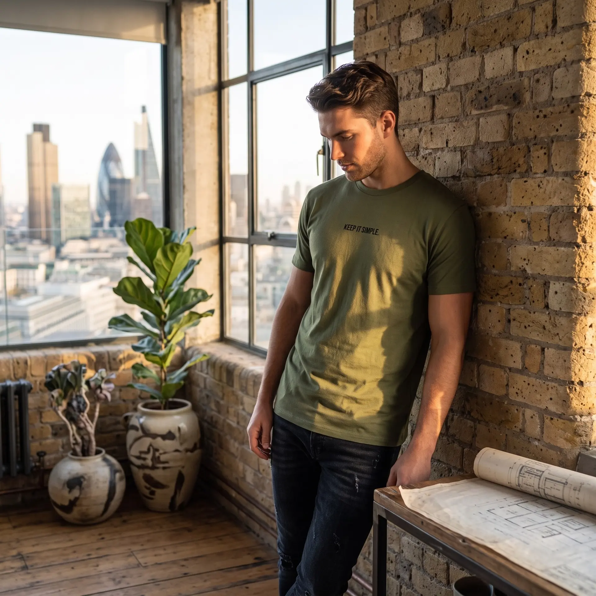 Model in a city loft wearing the olive Keep It Simple tee