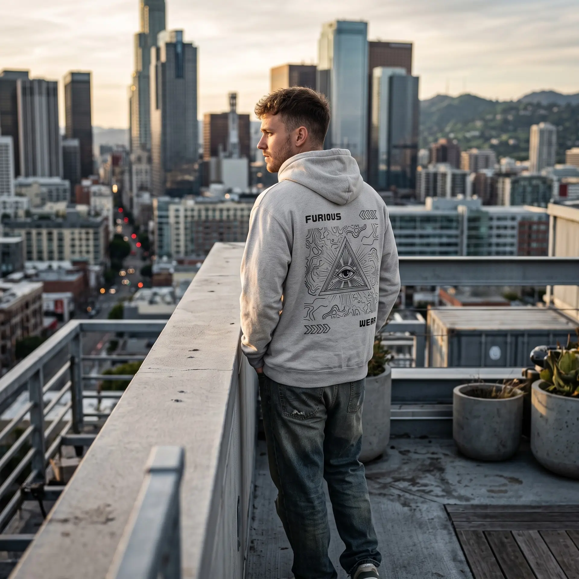 Model on a rooftop wearing the grey Furious Wear all-seeing eye back-print hoodie